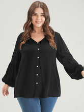 Solid Button Lantern Sleeve Polka Dot Blouse
