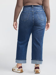 Seamed Rolled Hem Straight-Leg Jeans