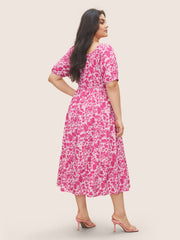 Silhouette Floral Print Ruched Lantern Sleeve Dress