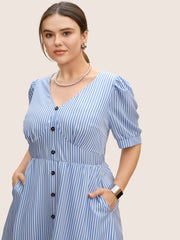 Striped Puff Sleeve Button Detail Midi Dress
