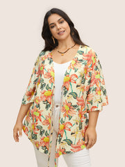 Floral Print Tie Knot Ruffle Sleeve Kimono
