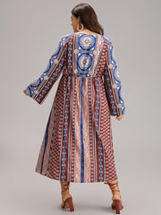Boho Print Keyhole Split Hem Pocket Dress