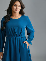 Ruffle Cuff Elastic Waist Split Hem Dress