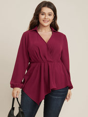 Solid Lantern Sleeve Surplice Neck Asymmetrical Hem Blouse