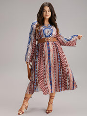 Boho Print Keyhole Split Hem Pocket Dress