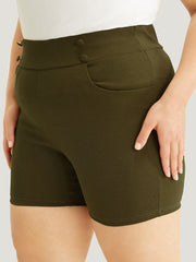 Solid Elastic Waist Button Detail Pocket Shorts