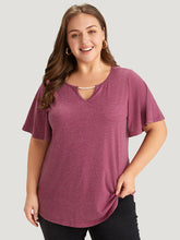 Plain Keyhole Pearl Beaded Flutter Sleeve T-shirt