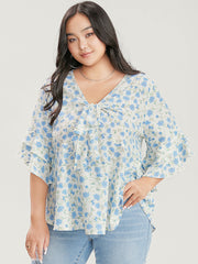 Floral Printed Knotted Front V Neck Ruffle Sleeve Blouse