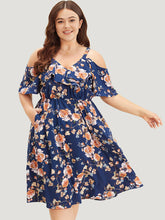 Floral Print Ruffle Trim Elastic Waist Cold Shoulder Dress