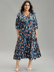 Allover Print Ruffle Layered Hem Wrap Belted Dress