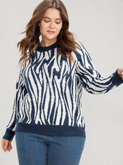 Zebra Print Pointelle Knit Raglan Sleeve Jacquard Knit Top