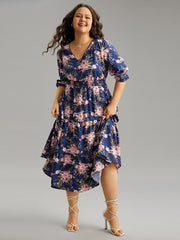 Floral Print Shirred Elastic Cuffs Dress