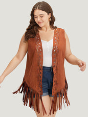 Plain Laser Cut Tassel Trim Sleeveless Kimono