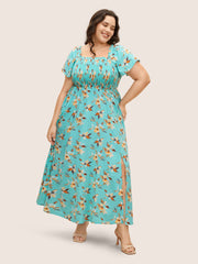 Floral Shirred Elastic Waist Split Hem Dress