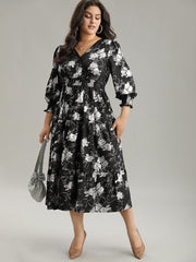 Silhouette Floral Print Glitter Wrap Shirred Dress