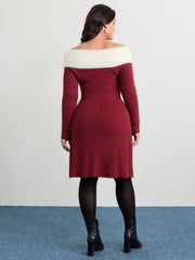 Fuzzy Off-Shoulder Color Block Sweater Dress