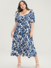 Floral Print Pocket Puff Sleeve Ruched Pocket Ruffle Hem Dress