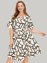 Geometric Print Pocket Ruffles Keyhole Neck Dress