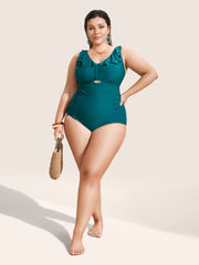 Solid Cut Out Ruffle Trim One Piece Swimsuit