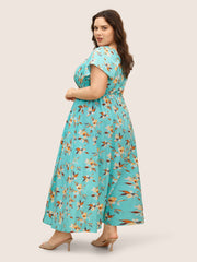 Floral Shirred Elastic Waist Split Hem Dress