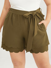 Solid Belted Pocket Scalloped Trim Tiered Shorts