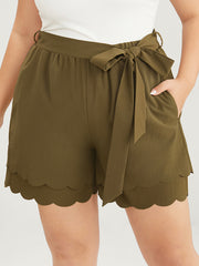 Solid Belted Pocket Scalloped Trim Tiered Shorts