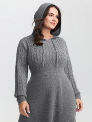 Textured Hooded Waist-Defining Sweater Dress