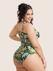 Heart Neckline Tropical Print Crossover One Piece Swimsuit