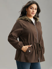 Fuzzy Trim Patchwork Zipper Drawstring Buckle Detail Jacket