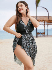 Ruffle Trim Hanky Hem Floral Contrast Swim Dress