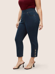 Black Wash Button Detail Elastic Wais Slim Jeans