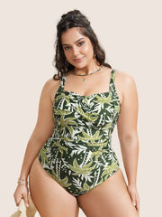 Heart Neckline Tropical Print Crossover One Piece Swimsuit