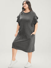 Solid Round Neck Pocket Beaded Webbing Ruffle Trim Dress