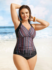 Bandana Striped Overlap Collar Back Crisscross One Piece Swimsuit