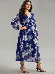 Floral Print Chiffon Pocket Elastic Waist Gathered Dress