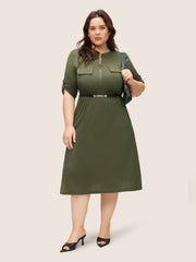 Plain Half Zip Flap Detail Tab Sleeve Dress