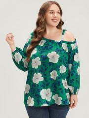 Floral Lantern Sleeve Adjustable Straps One Shoulder Blouse