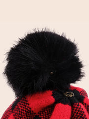 Plaid Fur Ball Contrast Hem Hat