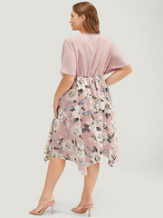 Floral Hanky Hem Ruffle Pocket Ruched Drawstring Dress