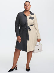 Colorblock Belted Waist Midi Shirt Dress