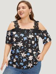 Floral Guipure Lace Cold Shoulder T-shirt