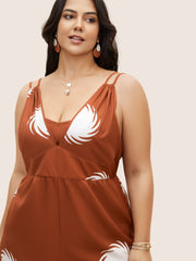 V Neck Sun Print Gathered Jumpsuit