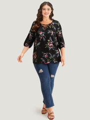 Floral Print Lace Up Lantern Sleeve Blouse