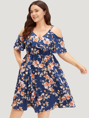 Floral Print Ruffle Trim Elastic Waist Cold Shoulder Dress