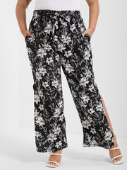 Floral Print Pocket Split Straight Pants