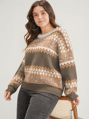 Bandana Pointelle Knit Contrast Geometric Jacquard Knit Top