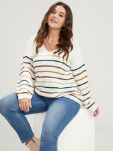 Striped Contrast Pointelle Knit V Neck Knit Top