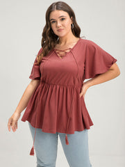 Solid V Neck Ruffles Elastic Waist Lace Up T-shirt
