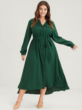 Solid V Neck Pocket Button Asymmetrical Flutter Hem Belted Dress