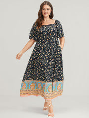 Floral Pocket Ruffles Square Neck Midi Dress